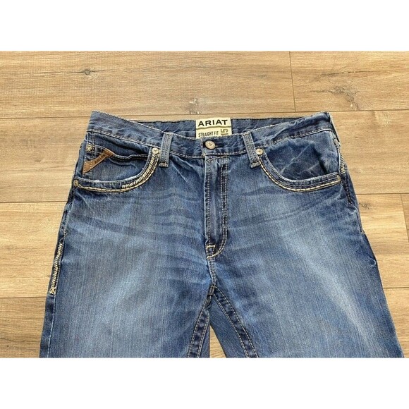 Ariat M5 Straight Mens 34X36 Tall Western Embroidered Stitch Blue Jeans Whiskers - Picture 2 of 10